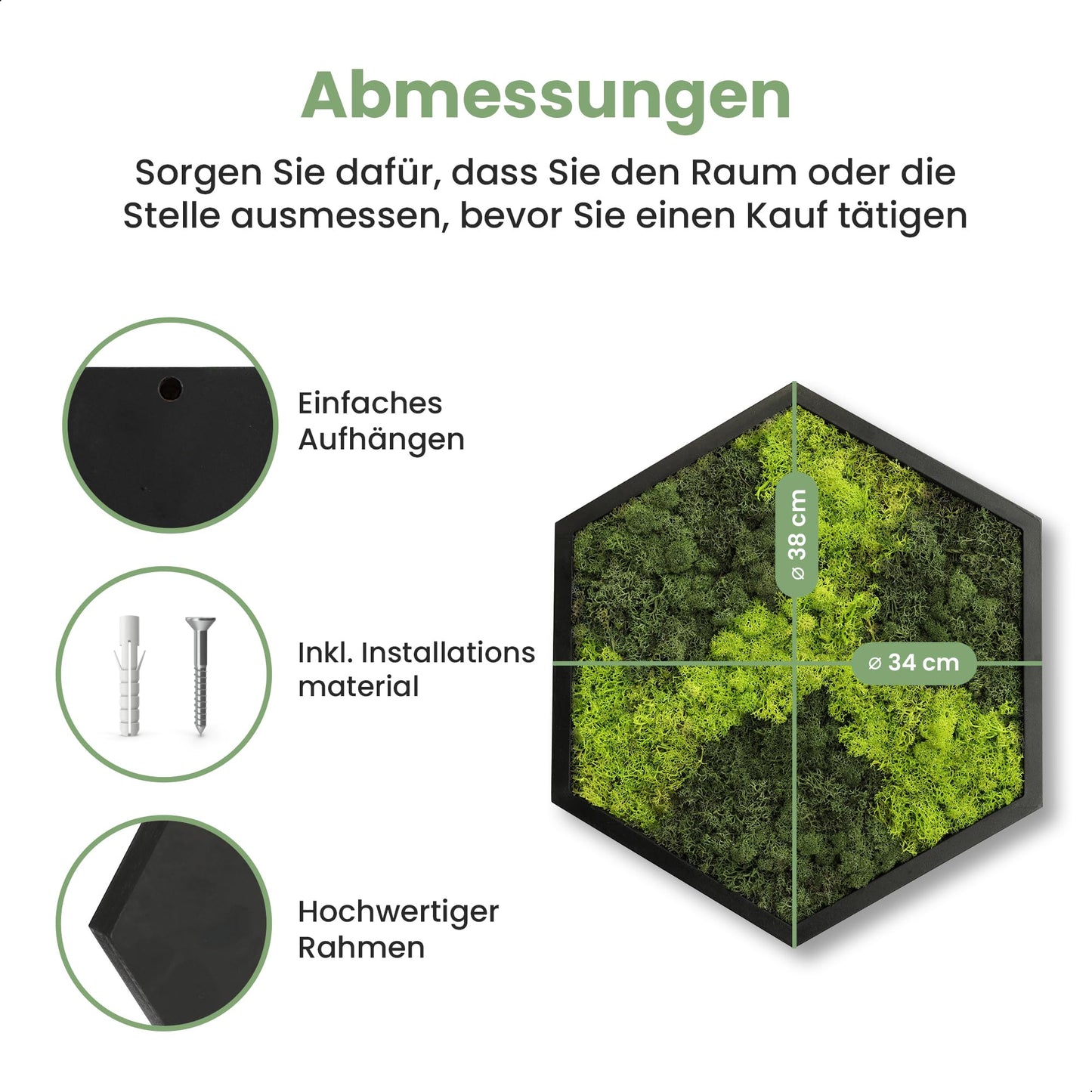 comforder Hexagon Wandbild mit echtem Moos (ø38 cm), Konserviertes Moosbild mit Holzrahmen, Natur Wanddeko fürs Wohnzimmer