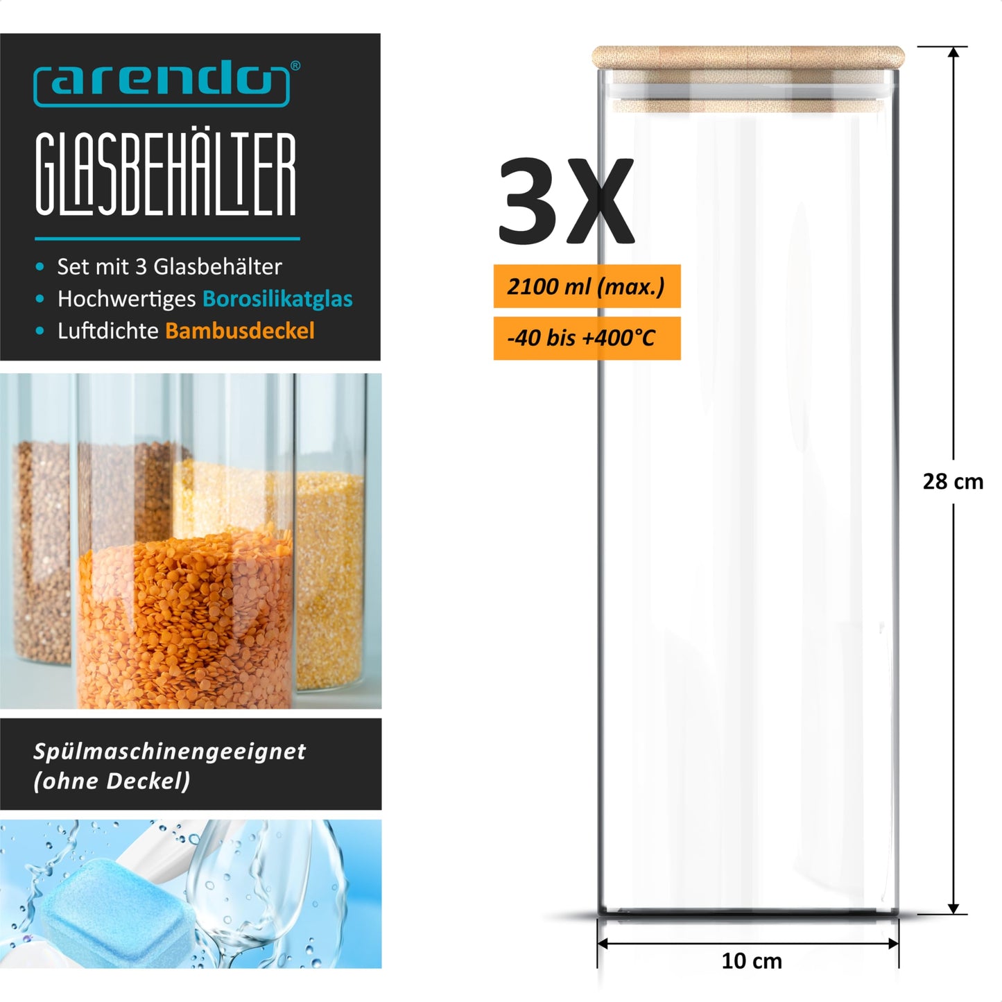 Arendo Vorratsgläser mit Deckel Luftdicht 3x 10x28 cm, 2L, Vorratsdosen Glas mit Deckel Pasta, Vorratsdosen mit Deckel luftdicht Glas, hitzebeständig, Vorratsglas mit Holzdeckel