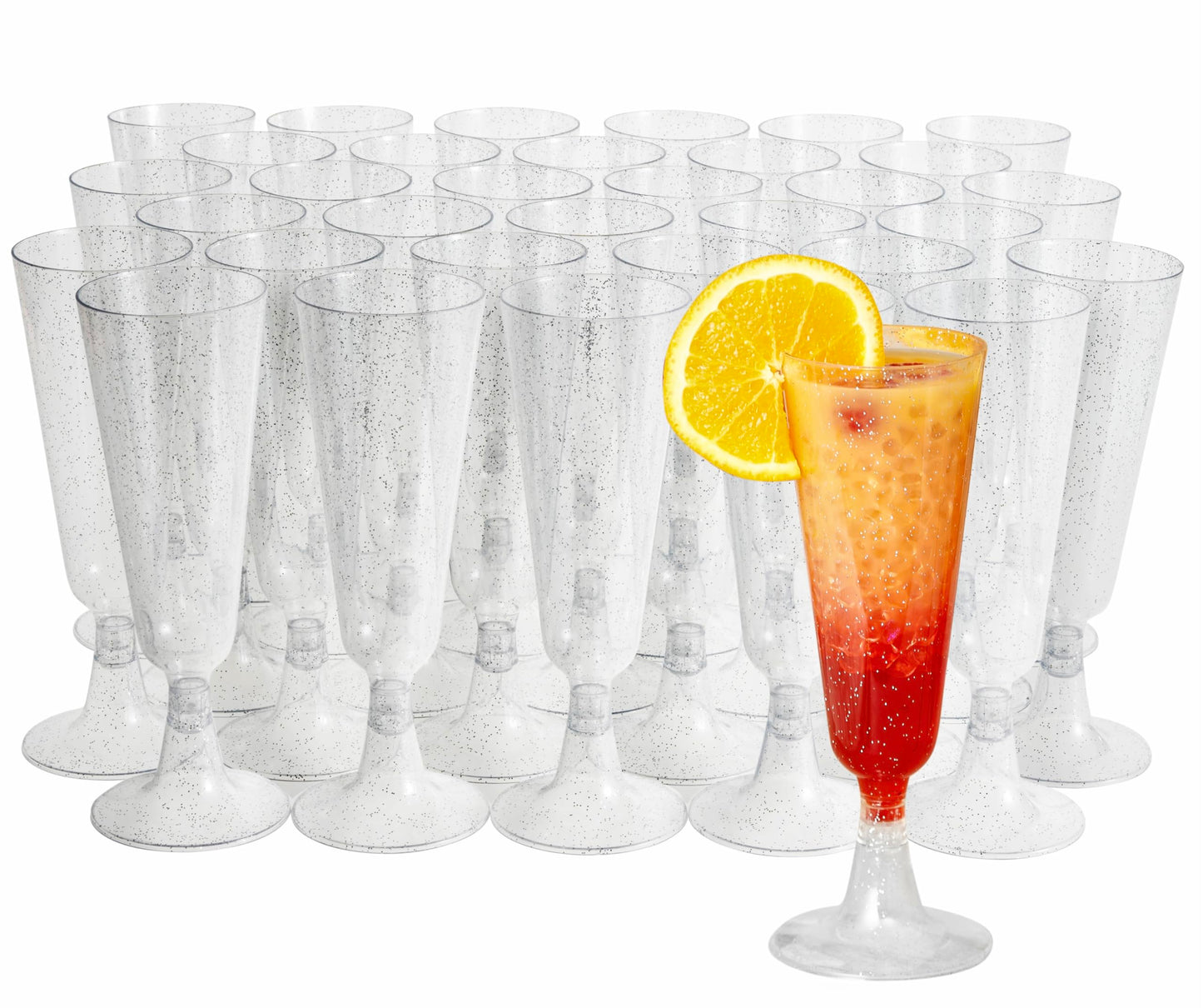 MATANA 50 Premium Elegante Sektgläser aus Kunststoff mit Silberglitter, 150ml - Plastik Champagnergläser, Sektflöten, Proseccogläser für Hochzeiten, Geburtstage, Partys - Stabil & Mehrweg