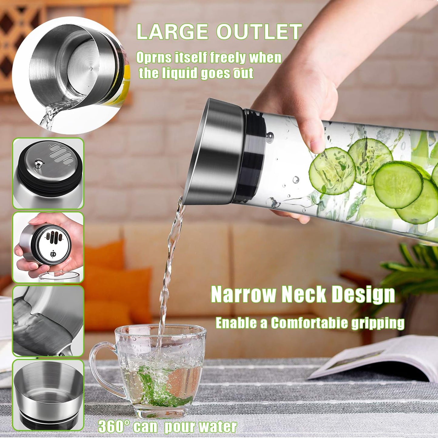 POWZOO Glas-Karaffe,Wasserkaraffe Glas (1.5 Liter),Glaskaraffe mit Deckel Edelstahl und Ausgießer, Saft Getränkekaraffe,Karaffe aus Glas für hausgemachte,Getränke/Eistee/Milch/Kaffee/Wein