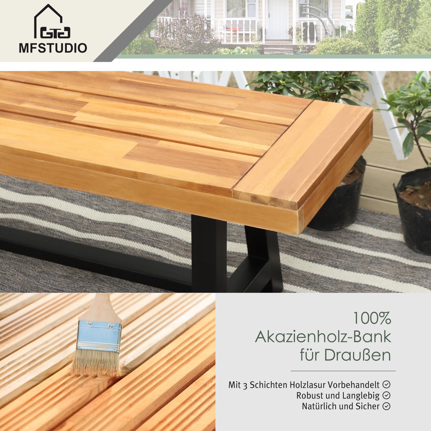 MFSTUDIO Gartenbank Wetterfest 3 Sitzer, 100% Akazienholz Parkbank, Oberfläche Vorbehandelt mit Öl, Outdoor Garten Terrasse Park Balkon Sitzbank, Farbe Teak (1)
