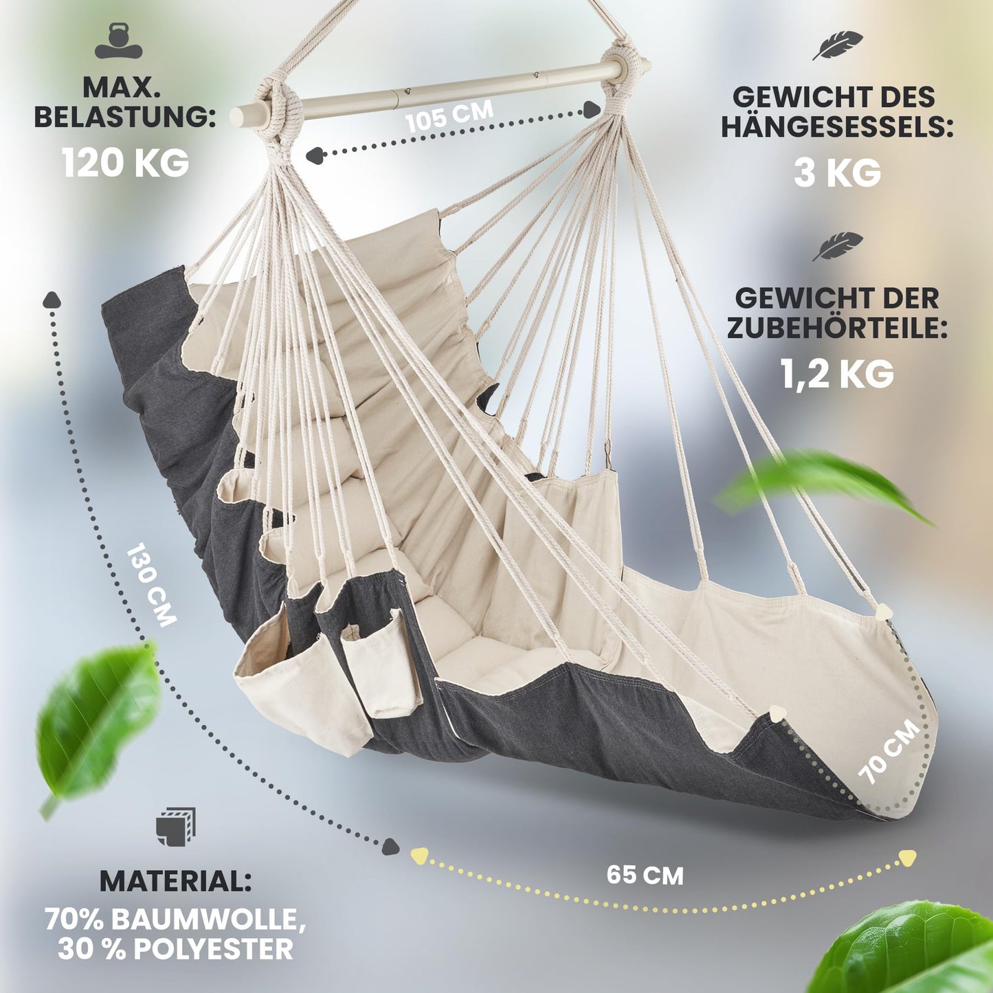 Rexo Hängesessel [Outdoor & Indoor] 120 Kg- Hängeschaukel, Hängestuhl XXL, Hängesitz, Hänge Sessel-Schaukel | Sitz-Hängematte für Balkon, Wohnzimmer, Garten, Deckenhöhe bis 3,1 Meter | Hanging Chair