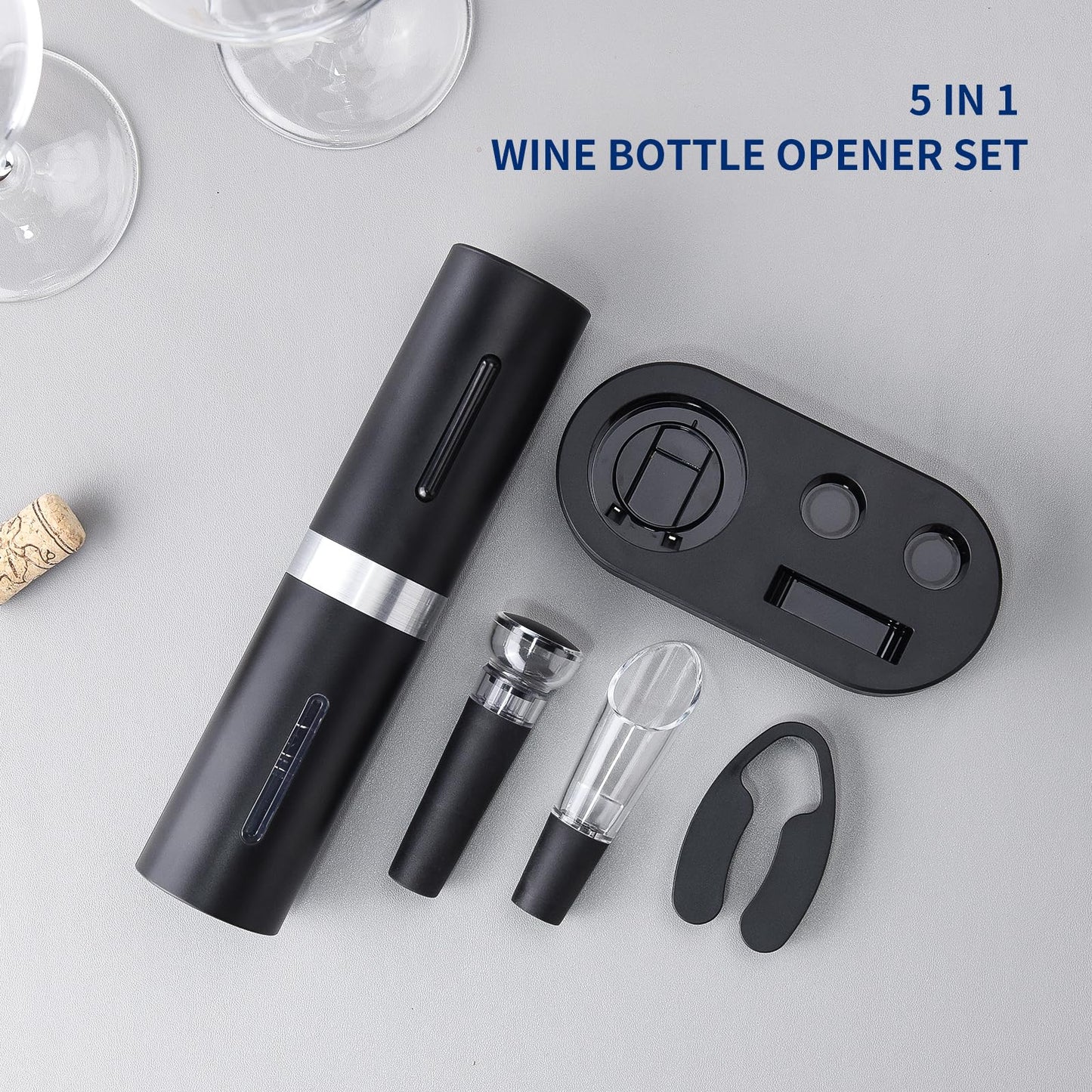 CIRCLE JOY Elektrischer Weinöffner-Set, Wiederaufladbares 5-in-1 Weinöffner-Geschenkset mit Ladestation, Folienschneider, Weinausgießer und Vakuum-Weinstopfen