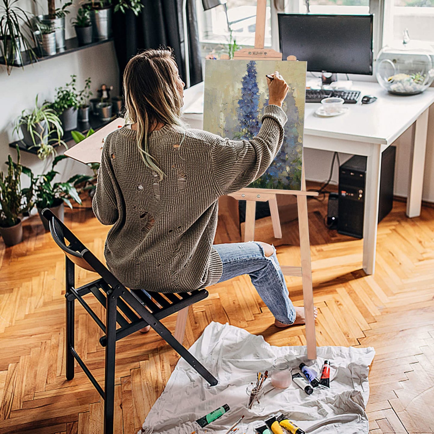 Viesap Staffelei, 150CM Hoch Holz, Bild Ständer Aus Vollholz, Klappbar Und Höhenverstellbar, Groß, Für Kunstmalerei Und Außenwerbung Geeignet, Kinder Und Erwachsene.