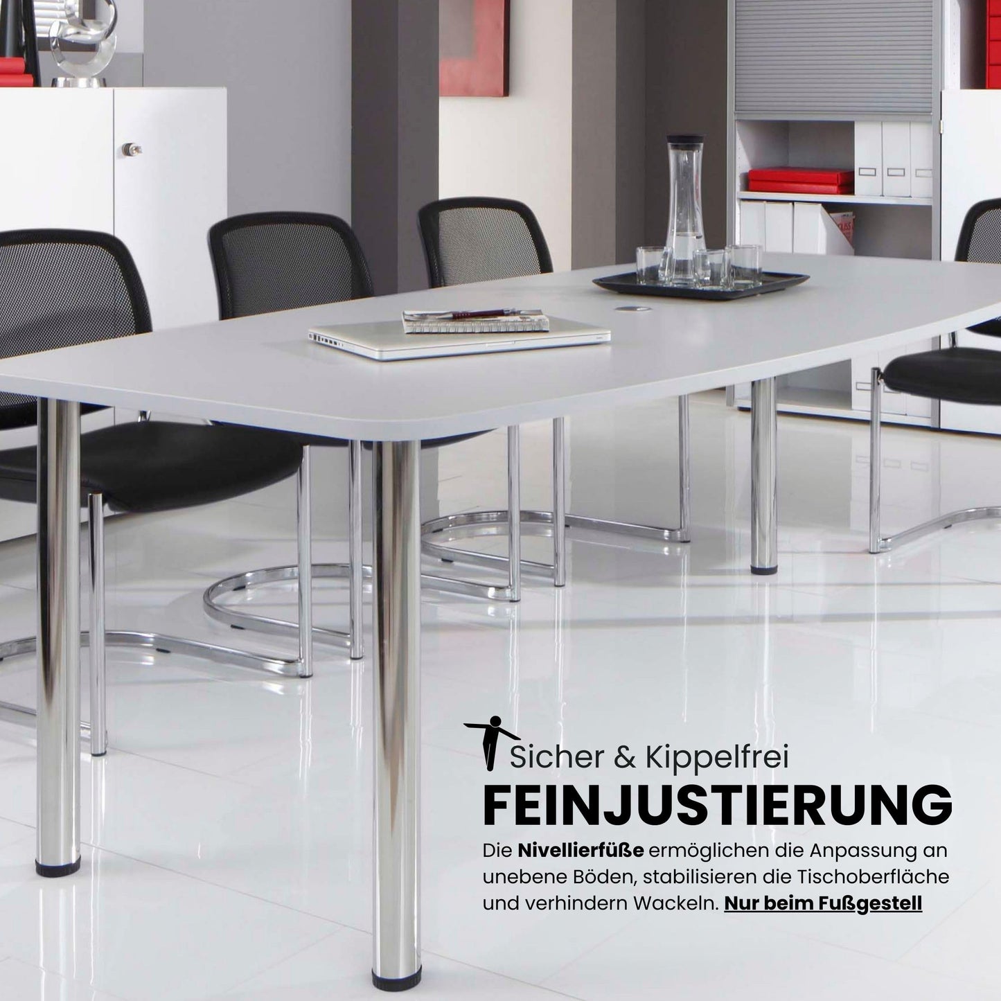 Bümö Konferenztisch oval 220x103 cm großer Besprechungstisch in grau, Besprechungstisch mit Chromsäulen, Meetingtisch für 8 Personen, XXL-Tisch für Besprechungsraum & Meeting