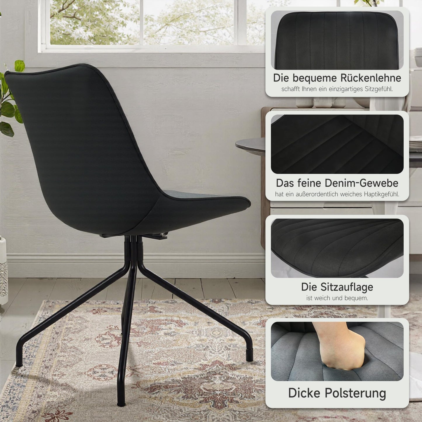 Twinice Esszimmerstühle 4er Set Schwarz – Drehbare Polsterstühle mit Metallbeinen