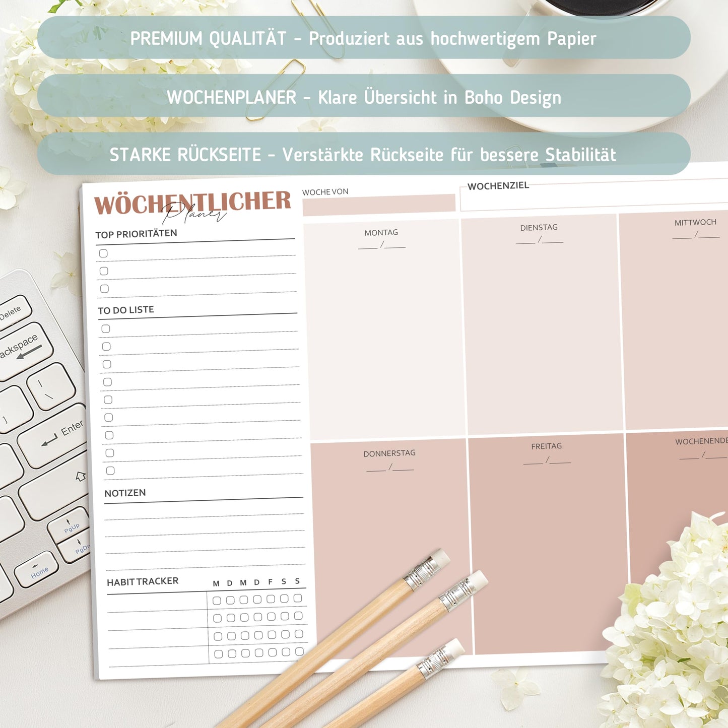 BIROYAL Wochenplaner Block A4 ohne festes Datum (50 Seiten), Schreibtischunterlage mit ToDo Liste, Wochenkalender Wochen Planer mit Wochenübersicht&Habit-Tracker für Termine, Aufgaben& Notizen (Braun)