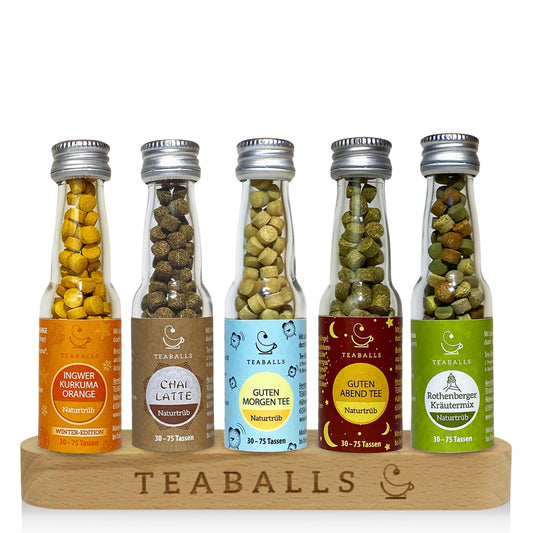 TEABALLS Set Big Pure Ingwer Kurkuma Orange, Chai Latte, Guten Morgen + Abend, Rothenberger Kräutertee 5er Pack für 375 Tassen Bio Tee