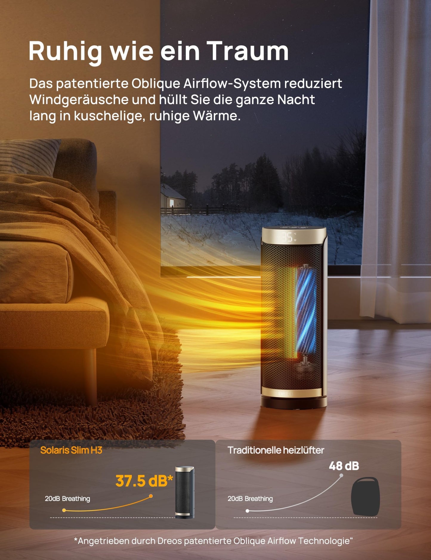 Dreo Heizlüfter Energiesparend, PTC Keramik Heizlüfte Leise, 70° Oszillierend Elektroheizung mit Fernbedienung, 12-Std-Timer, 3 Modus 3 Geschwindigkeit, Überhitzungs-Kippschutz, Solaris Slim H3