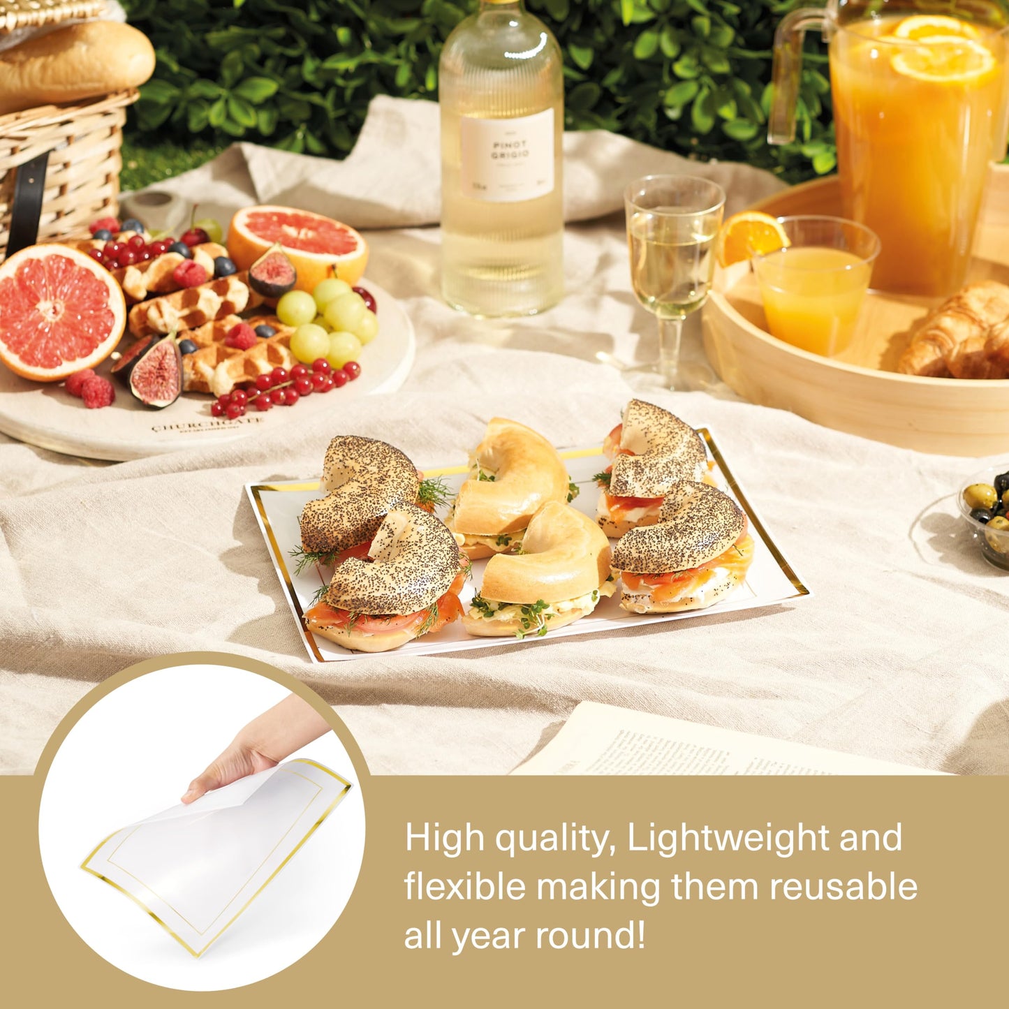 MATANA 6 Weiße Plastik Servierplatten mit Goldrand für Vorspeisen & Fingerfood - Catering, Buffets, Geburtstage, Hochzeiten & Partys - 30x 22 cm