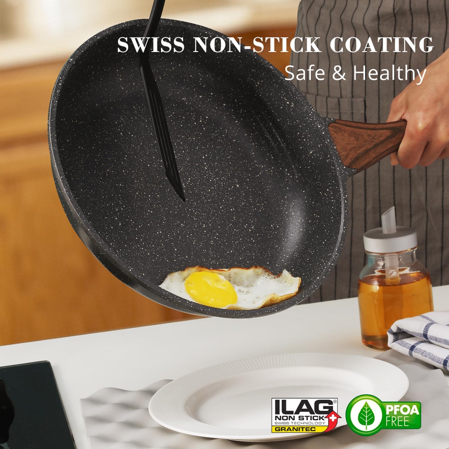 SENSARTE 28cm Antihaft Bratpfanne Skillet, Schweizer Granit Beschichtung Omelette Pfanne, Gesunde Stein Kochgeschirr Chef's Pan, Gasherd und Induktion Kompatibel, PFOA Frei