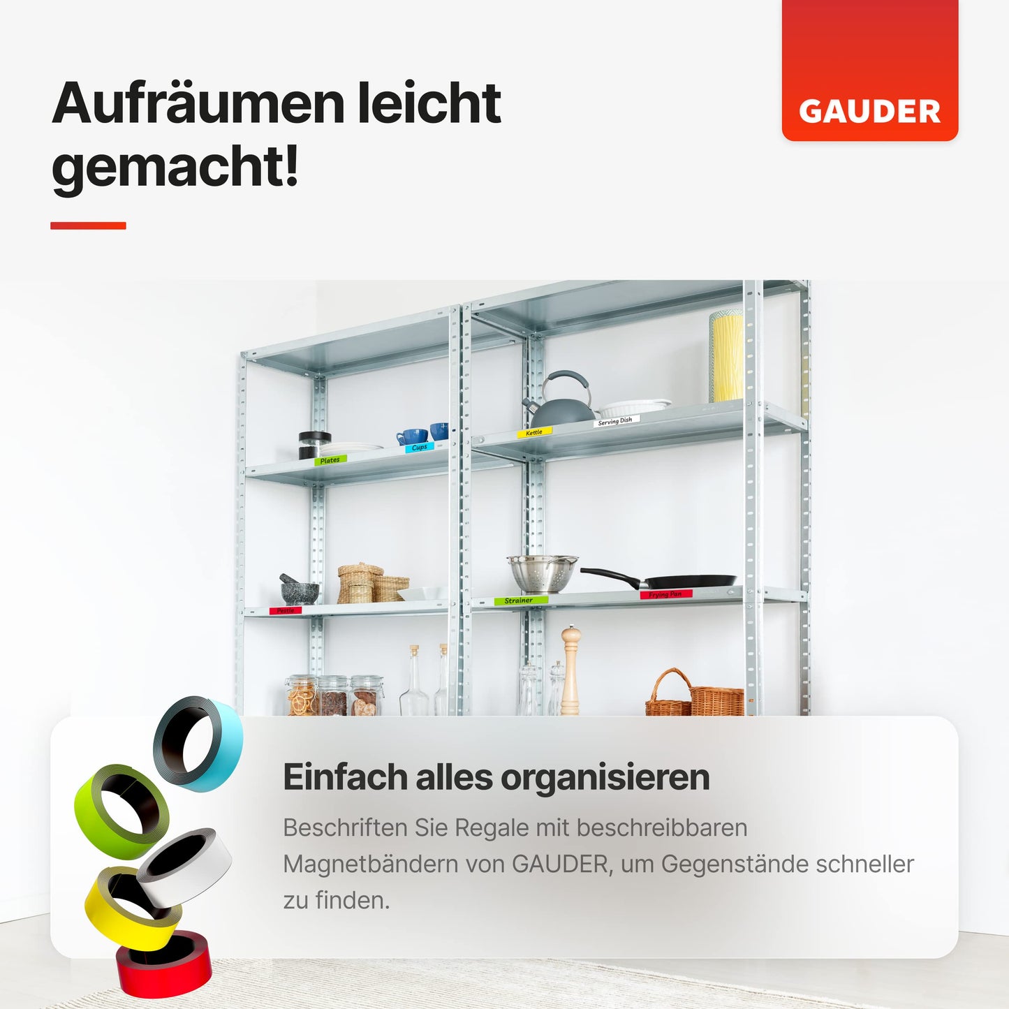 GAUDER 5x Magnetstreifen beschreibbar | Magnetstreifen zum Beschriften | Beschreibbare Magnetstreifen bunt (25 mm x 1 m)