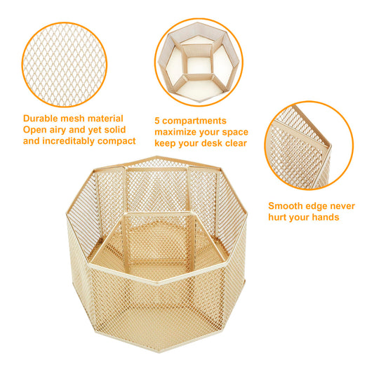 Annova Drehbarer Schreibtisch-Organizer aus Metallgeflecht – 360° drehbar, 5 Fächer – Büro Organizer für Stifte & Zubehör – Gold