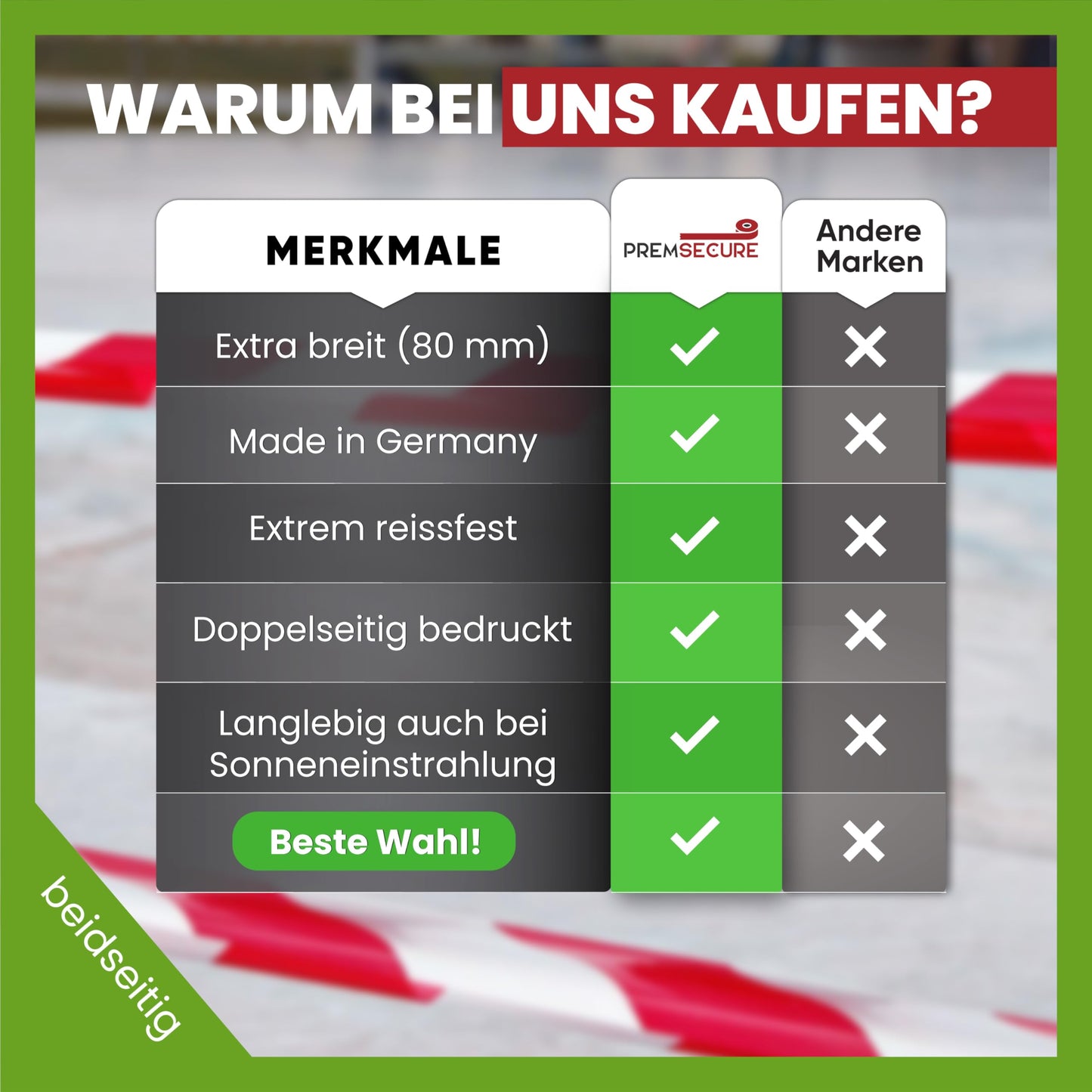 Absperrband 500m x 80 mm Flatterband rot weiß Baustelle Feuerwehr Polizei im Karton extrem reißfest 35 µm Baustellenband Sichern von Gefahrenstellen Absperren rotes Warnband für Kinder