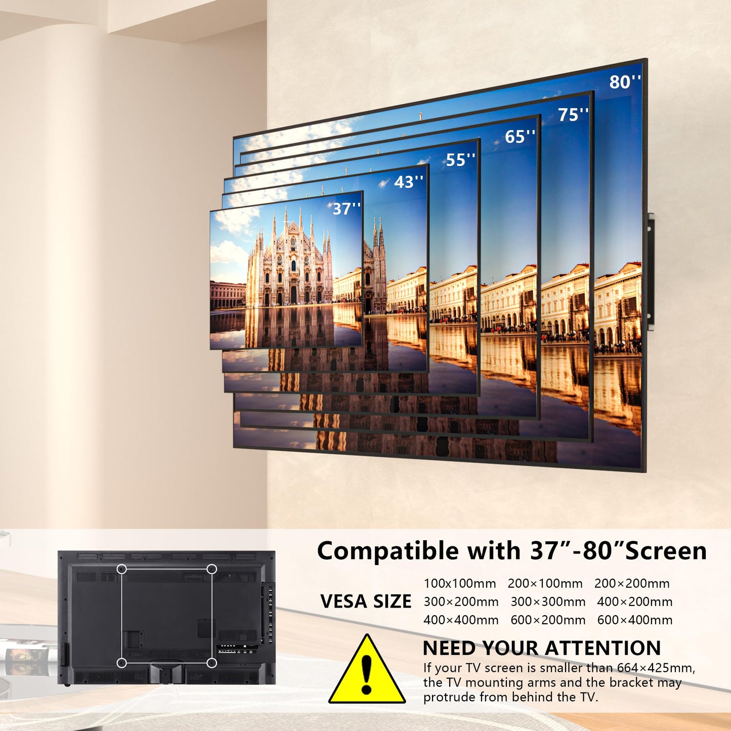 BONTEC TV Wandhalterung Schwenkbar Neigbar Fernseher Halterung für 37-80 Zoll Fernseher Curved LCD/LED Vollbewegung - 65kg Tragfähigkeit – VESA 100x100-600x400