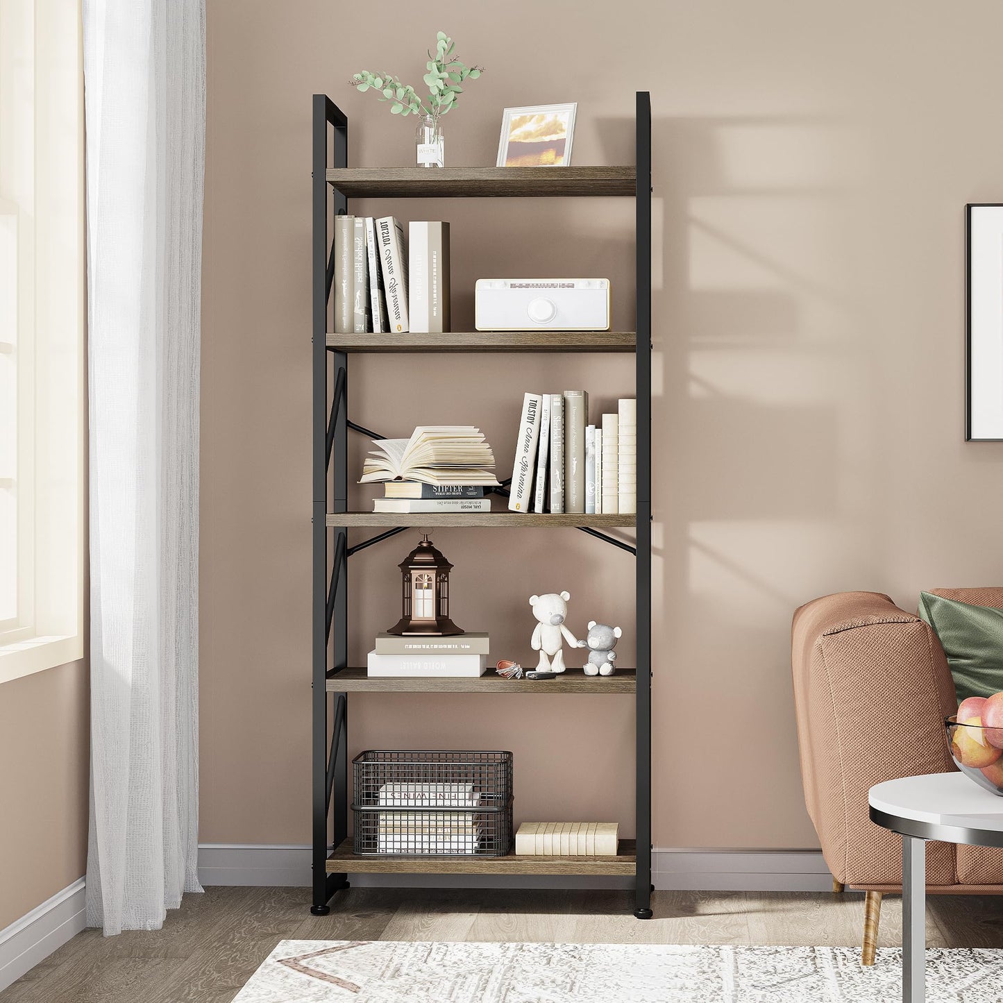YITAHOME Bücherregal mit 5 Ebenen, Industrielles Standregal Aufbewahrungsregale für Wohnzimmer Bücher Schlafzimmer Büro Küche Zeitschriften, Grau