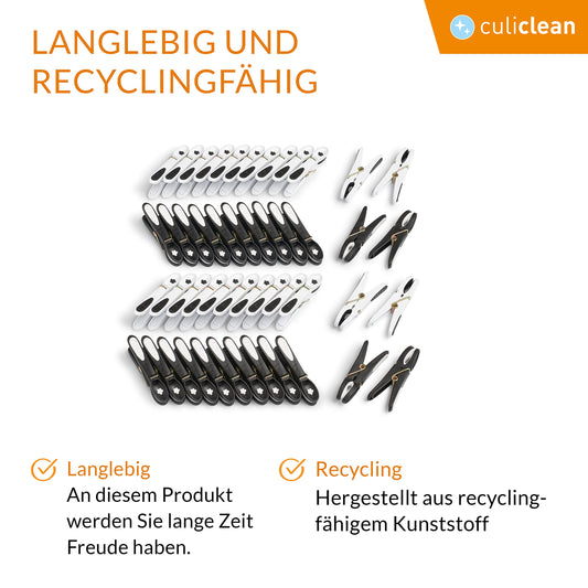 culiclean Wäscheklammern ohne Abdruck stabil in Blume Design 48x Wäscheklammer schwarz weiß, robuste Kluppen Soft Grip Clip Clothes Pegs UV beständig Klammern zum Aufhängen von Wäsche, Socken