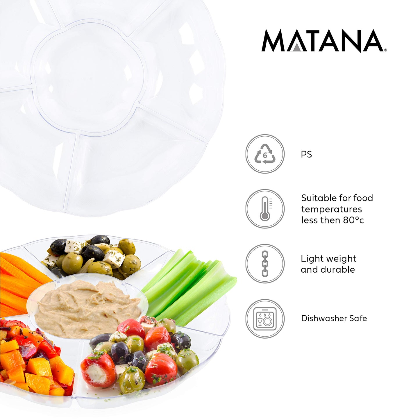 MATANA 5 Transparente Snackteller mit 6 Fächern (Kunststoff, 31cm) - Servierteller, Snackschalen & Dipschalen - Picknick & Partys - Elegant, Stabil & Mehrweg