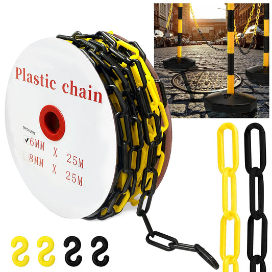 25 m Absperrkette Gelb Schwarz Kunststoffkette, 6mm Warnkette Plastikkett, Kunststoff Absperrkette mit 4 Karabinern für Barrieren in Auffahrten, Arbeitsplätzen und Garagen (Gelb und Schwarz, 6mmx25m)