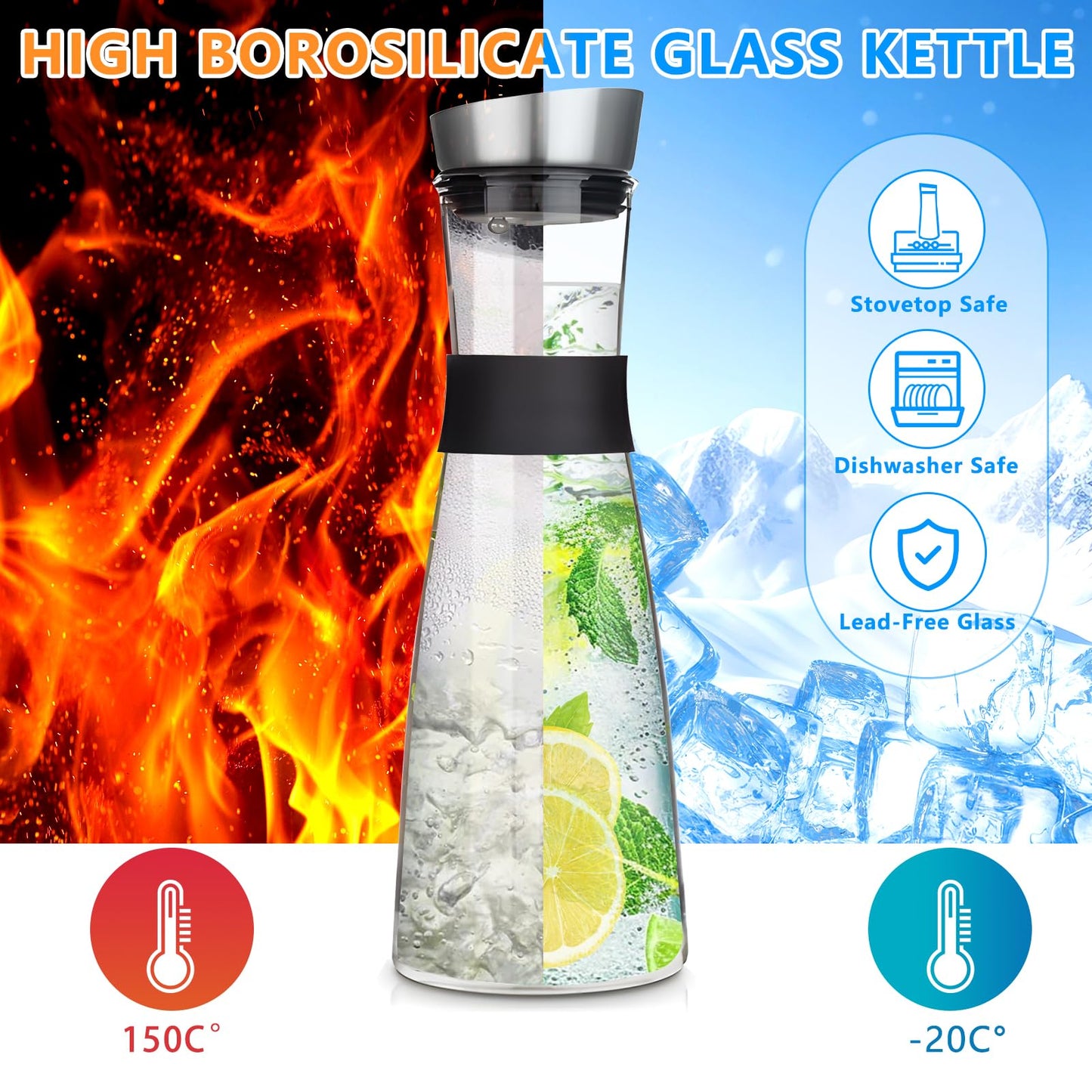 FAMKEEP Glas Karaffe,1200 ML Karaffe mit Deckel aus Edelstahl,Wasserkaraffe,Saft Krug,Glaskaraffe Benutzt für Eistee Heißes Kaltes Wasser Milch Kaffee Wein
