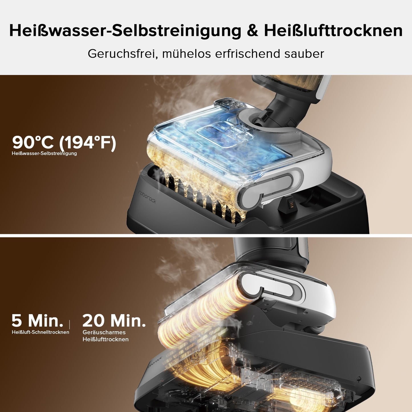 Roborock F25 Nass-Trocken-Staubsauger, kabelloser Staubsauger und Mopp in einem mit 20.000 Pa, 90°C Heißluft-Schnelltrocknen & Heißwasser-Selbstreinigung, kein Verheddern, 180° flach absenkbar