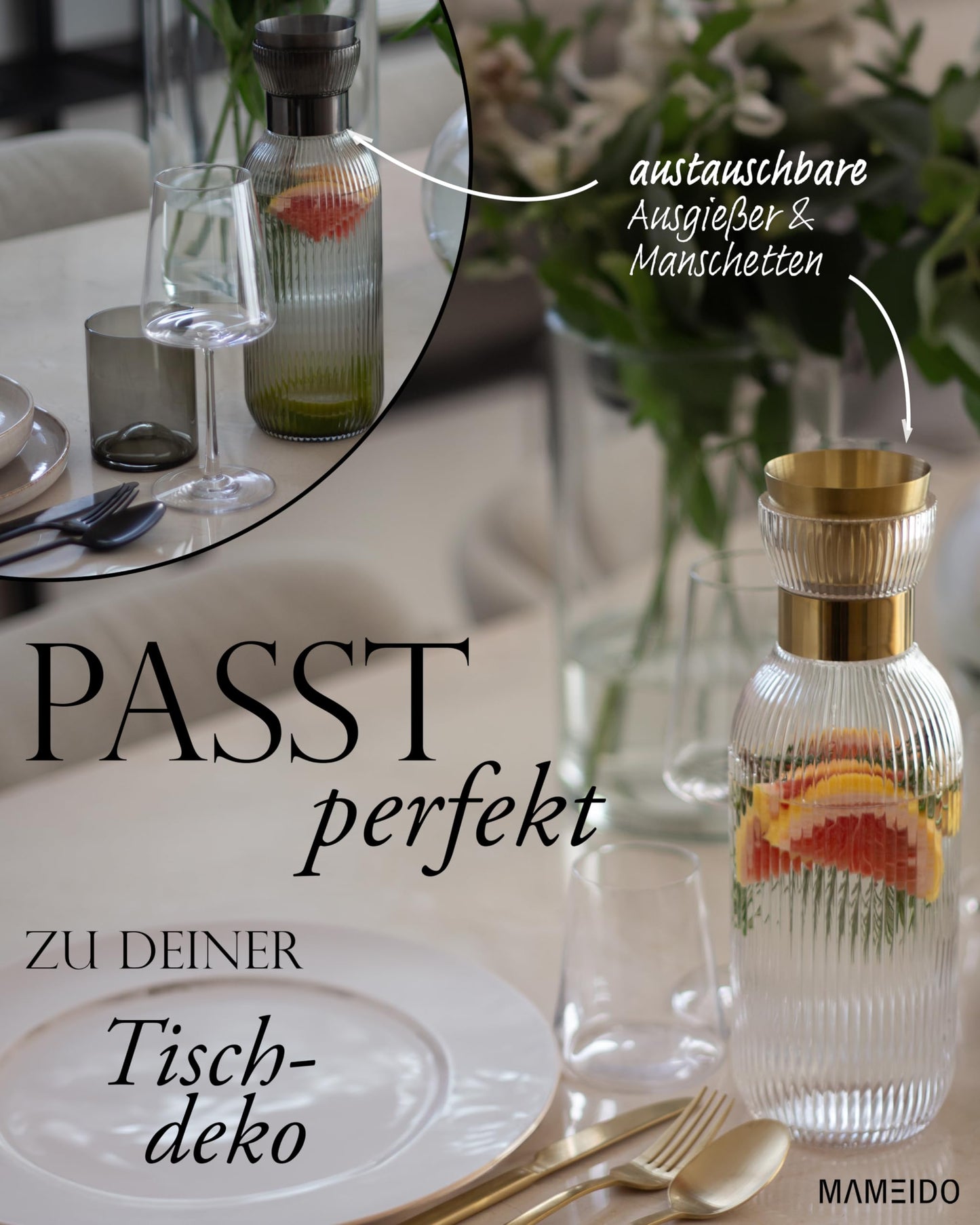 MAMEIDO Wasserkaraffe 1l & 1,5l - Glaskaraffe mit Deckel & Sieb, mundgeblasene Karaffe Glas, Wasserkrug mit edler Optik für besondere Anlässe, Karaffen zum Verschenken (Smoke Gold, 1000ml)