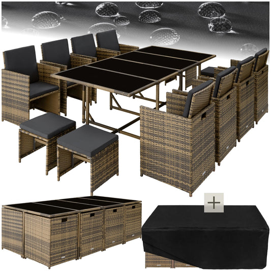 tectake Gartenlounge Set, Polyrattan Gartenmöbel Set, 8+4+1 Sitzgruppe, 8 Stühle 4 Hocker 1 Tisch, Balkon Möbel als Würfel verstaubar, für Garten, Balkon, Terrasse - Natur/dunkelgrau