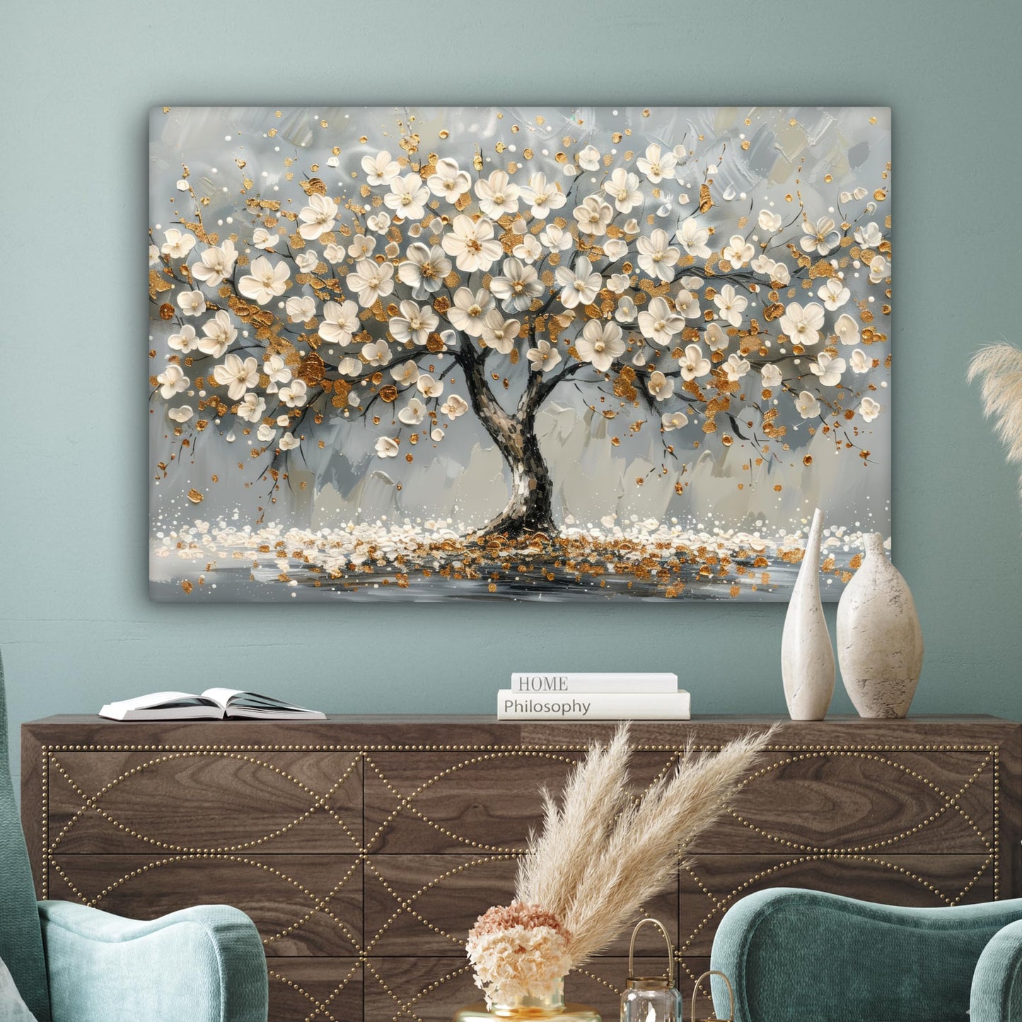 MuchoWow© Leinwand Bilder Groß 120x80 cm XXL Wanddeko Wohnzimmer Aesthetic Room Decor Deko Zimmer Wandbilder Modern Bild auf Leinwand Baum - Blumen - Weiß - Natur - Kunst