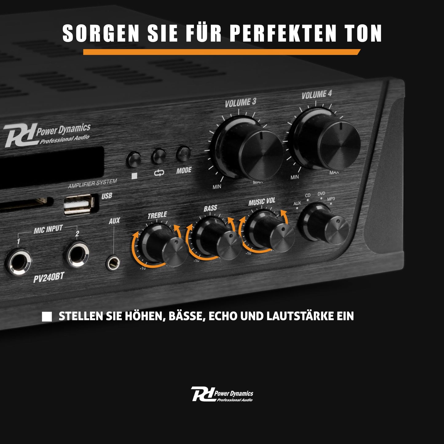 Power Dynamics PV240BT - 4 Kanal Stereo Verstärker Bluetooth, 400 Watt Amplifier Hifi Receiver, Fernbedienung, FM Radio, USB, SD, MP3, 2x Mikrofon Anschlüsse mit Echo, Talkover Funktion - Schwarz