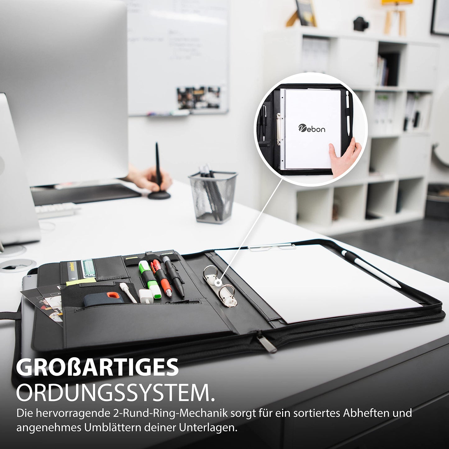 Vebon® Schreibmappe Ringbuch A4"Paris" I Reißverschluss + Klemmbrett I Dokumentenmappe + Laptoptasche I extra Stauraum I Kunstleder I Schwarz