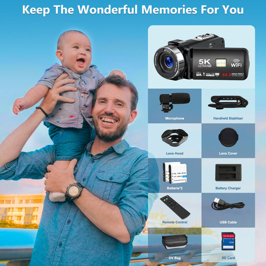 Videokamera 5K HD 64MP WiFi Camcorder für YouTube, 30FPS Webcam IR Nachtsicht Vlogging Kamera, 18X Digitalzoom 3,0 Touchscreen Video Camera mit SD-Karte, 2 Batterien, Fernbedienung, und Stabilisator