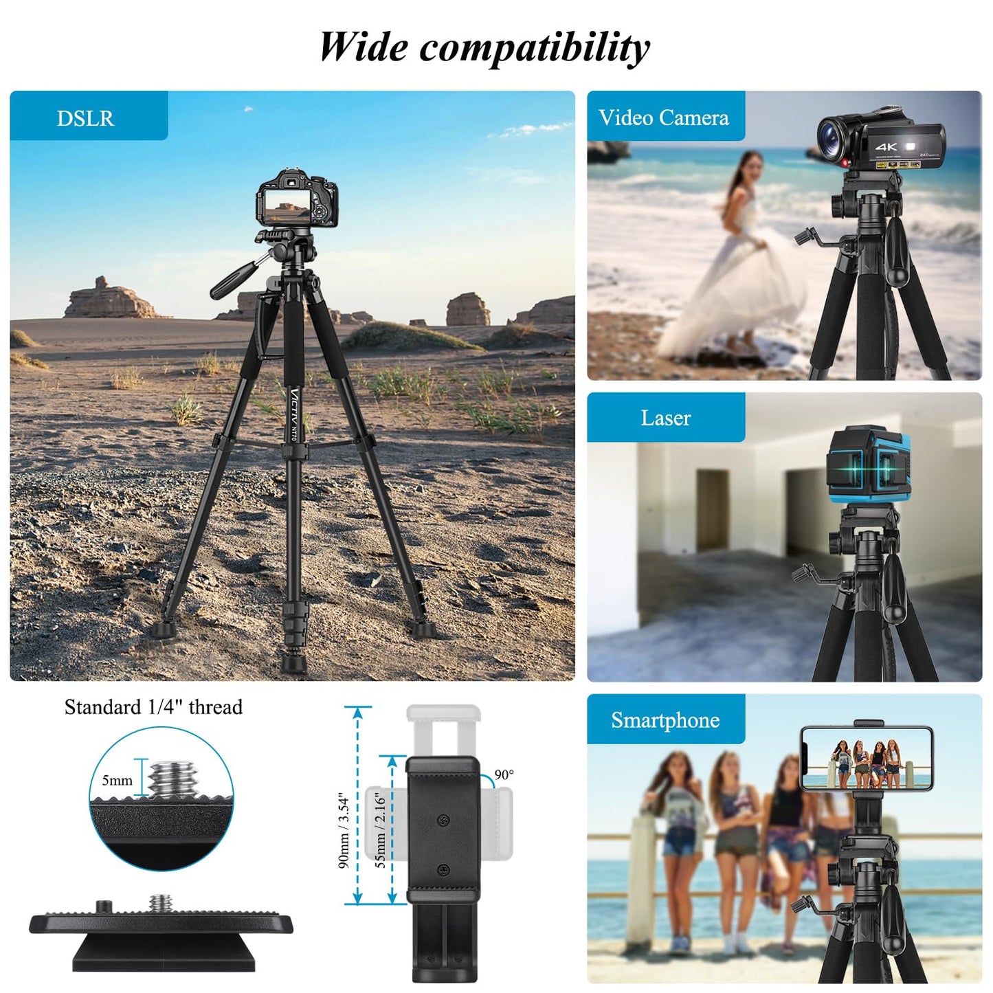 Victiv Kamera Stativ mit 52–160-185cm Höhe, leichtes Camera Tripod mit Abnehmbar 3-Wege-Kopf, Aluminium fotostativ für DSLR Canon Nikon Sony, Dreibeinstativ for Smartphone mit Handy Halterung