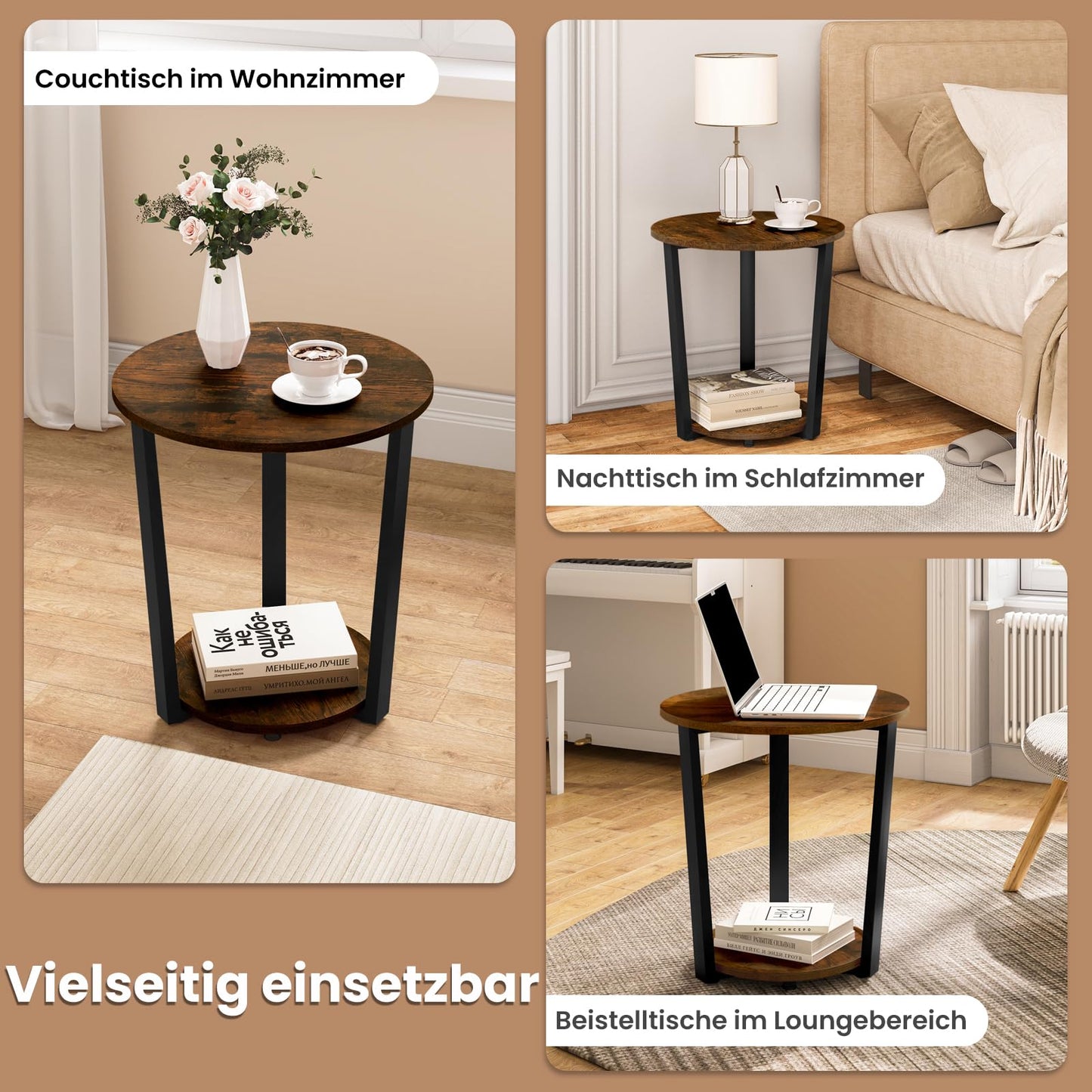 WOLTU Couchtisch rund, Beistelltisch modern, Wohnzimmertisch klein, Sofatisch mit 2 Ablagen, Wohnzimmer Tisch für Couch, Nachttisch, mit Stauraum, aus Holzwerkstoff, Rustikales Braun, BTS13vbn