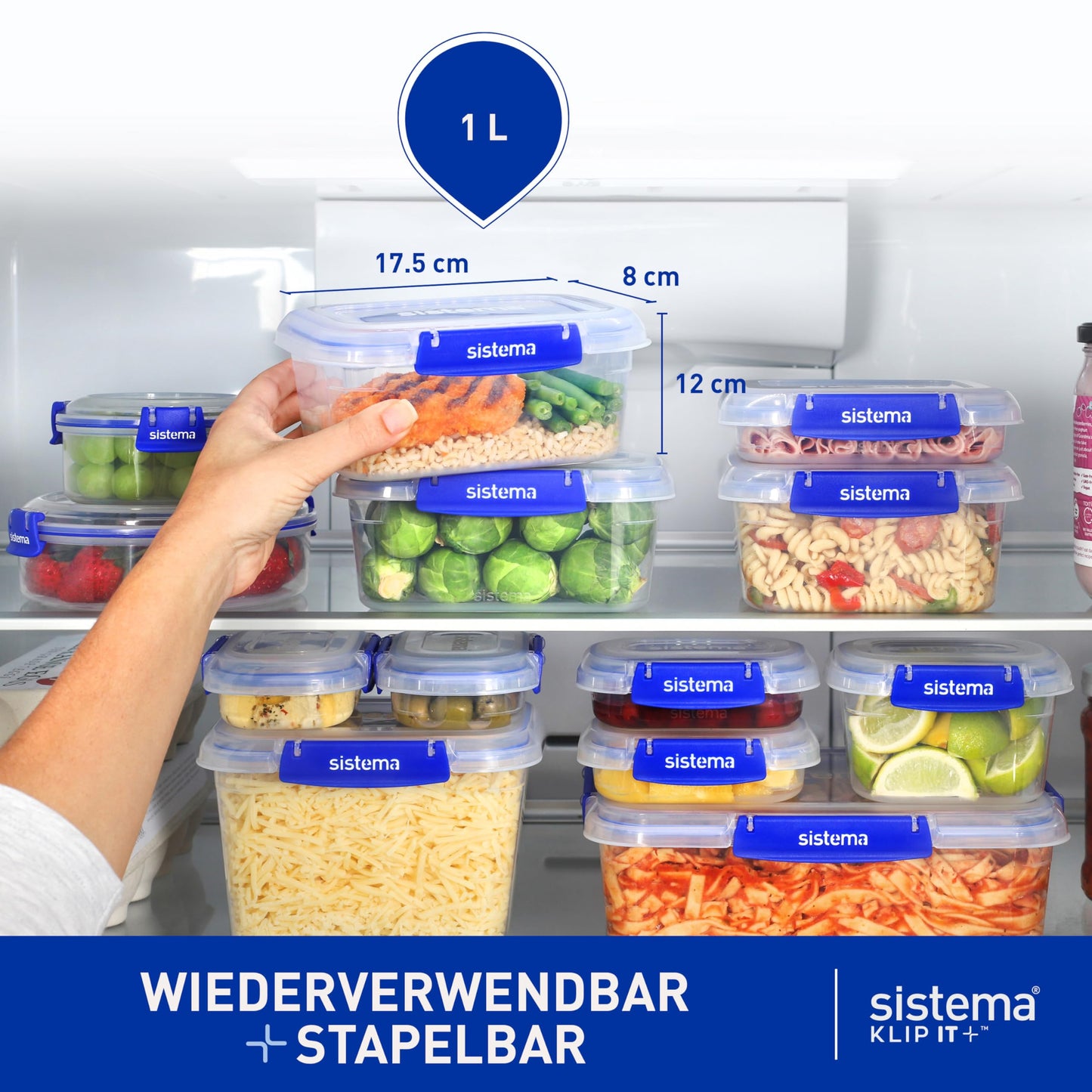 Sistema KLIP IT PLUS Frischhaltedosen-Set | 1 L | 4 luftdichte Behälter | Auslaufsicherer Verschluss | Einfache Verschlussclips | BPA-Frei