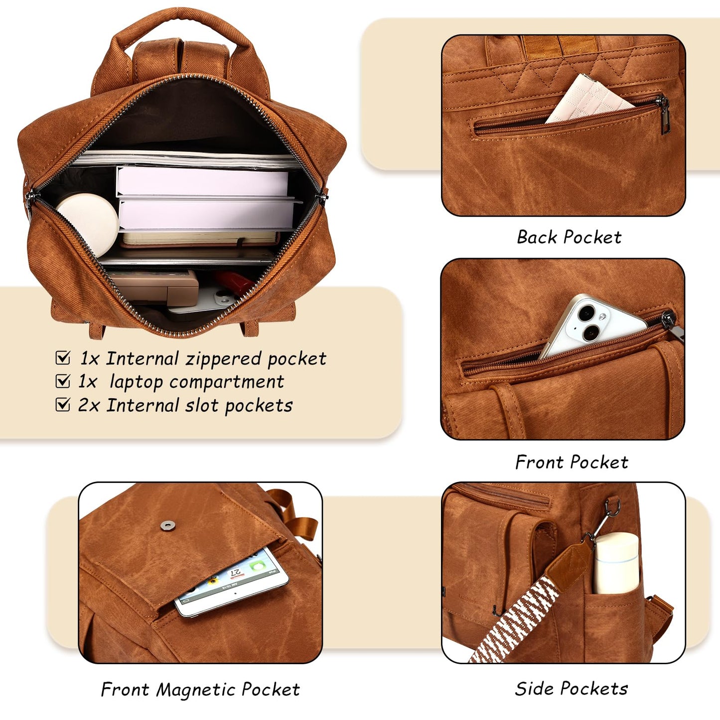 Leathario Rucksack Damen Wasserdicht,Cityrucksack aus PU Leder,Mittelgroße Damen-Rucksackhandtaschen, Cityrucksack Damen für Uni,Travel, Arbeit