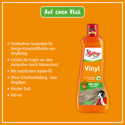 POLIBOY Vinyl Reiniger - Bodenreiniger für Designbelag - Wischpflege als Reinigungskonzentrat mit Jojobaöl - 1x 500 ml - Made in Germany