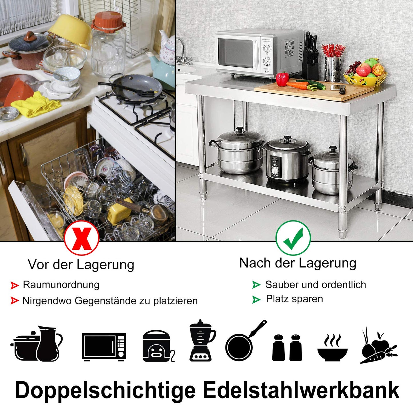 VA-Cerulean Edelstahltisch Edelstahl Arbeitstisch mit Verstellbare Füße Gastro Tisch Zubereitungstisch Zerlegetisch Küchenmöbel für Restaurant Bar, Silber(mit Aufkantung, 120x60x85cm)