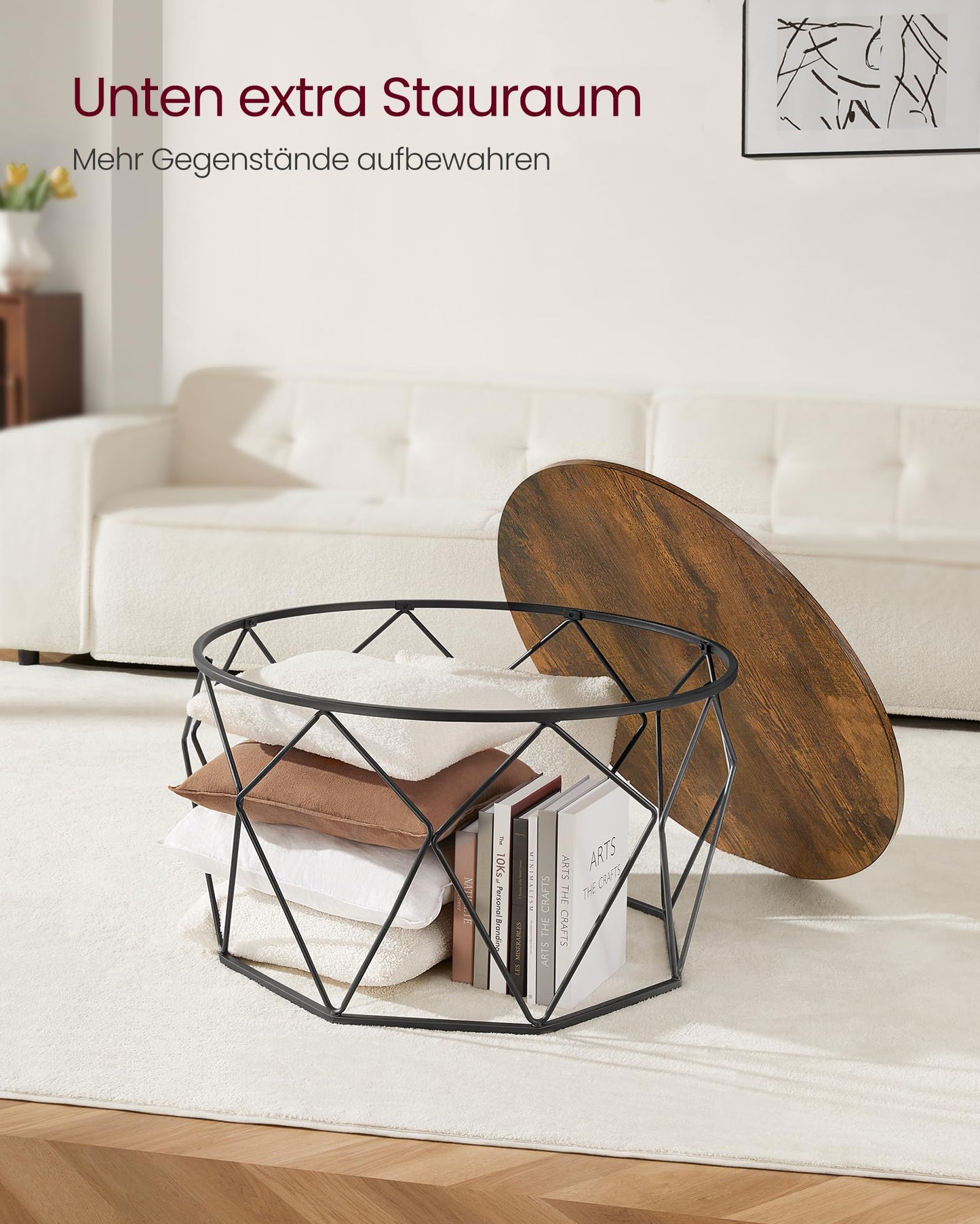 VASAGLE Runder Couchtisch, Braun, Industrie-Design, Beistelltisch mit Stahlgestell und Aufbewahrung, für Wohnzimmer und Schlafzimmer