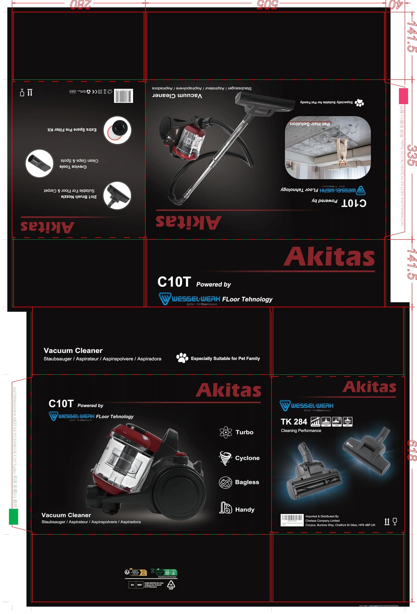 Akitas C10T 850W Beutelloser Staubsauger,Cat and Dog Tierhaare,Staubsaugerzylinder mit Deutschem Wessel Werk,28cm Breite Große Turbokopf-Spinnbürste