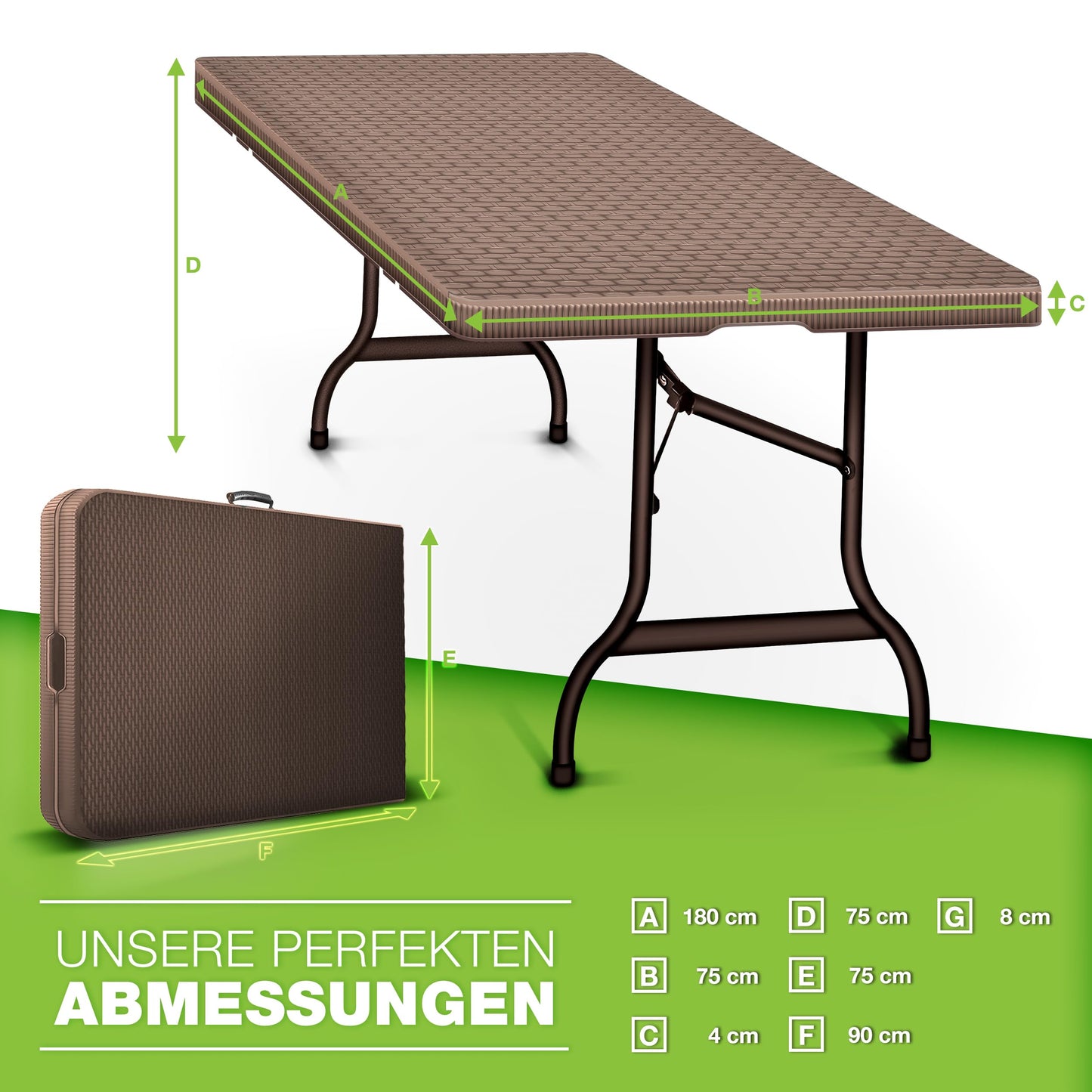 tillvex Gartentisch klappbar Rattan Optik 180x75cm | Buffettisch mit Tragegriff | Klapptisch für Garten Terrasse und Balkon | Campingtisch 6 Personen