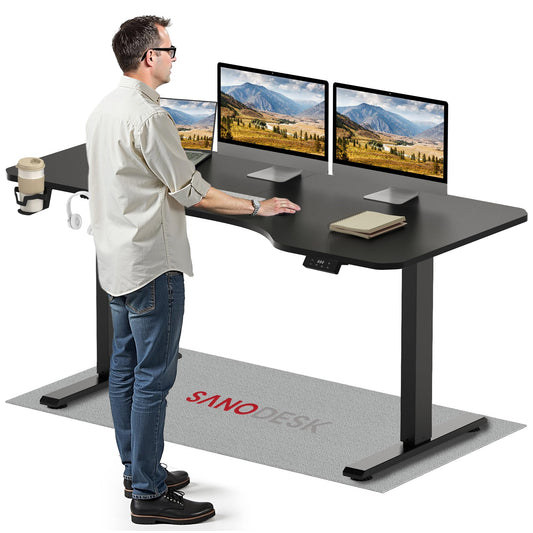 SANODESK schwarzer L-förmiger höhenverstellbarer Schreibtisch 160 x 75 cm mit Speicherfunktion und Haken, im Homeoffice.