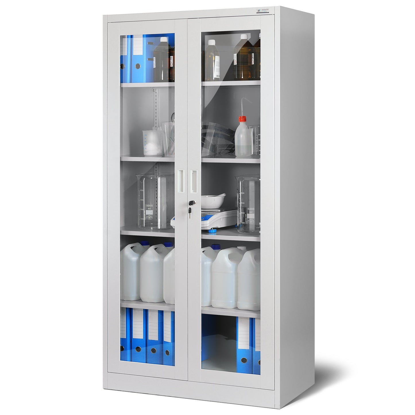 Aktenschrank C012 Glasvitrine Büroschrank Universalschrank Flügeltürschrank Stahlblech Pulverbeschichtung abschließbar 185 cm x 90 cm x 40 cm (Grau)