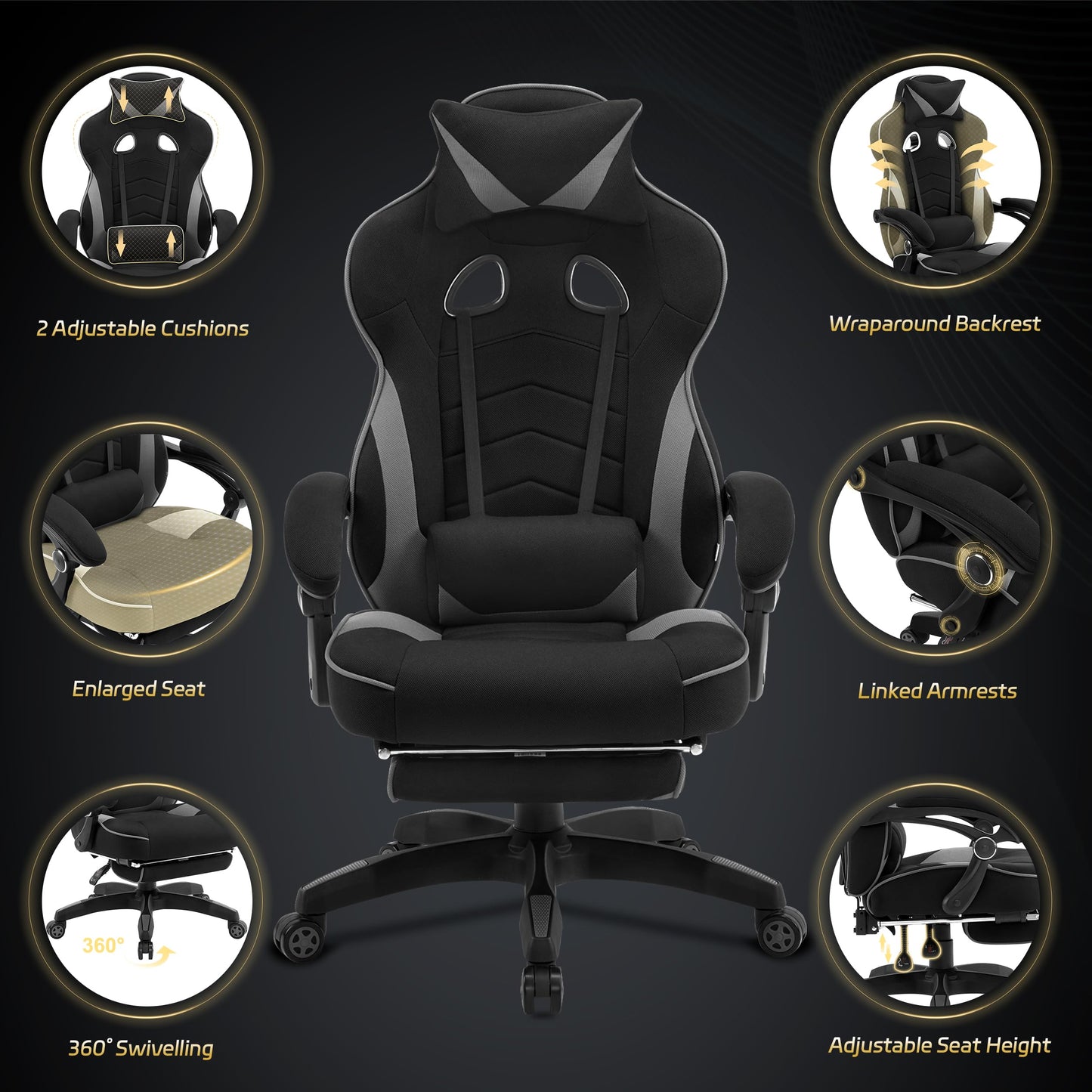WOLTU Gaming Stuhl Stoff Atmungsaktiv Bürostuhl Gaming Chair Ergonomisch mit Lendenkissen, Gamer Stuhl 150 kg Belastbarkeit PC-Stuhl mit Große Rückenlehne & Sitzfläche, Schwarz+Grau