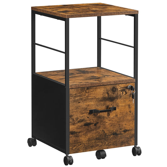 VASAGLE Aktenschrank mit 1 Schublade, Aktenschrank mit Schloss, Druckerständer, Büro-Aktenschrank-Organizer, für A4- und Briefformat, rustikales Braun und Schwarz UOFC044B01