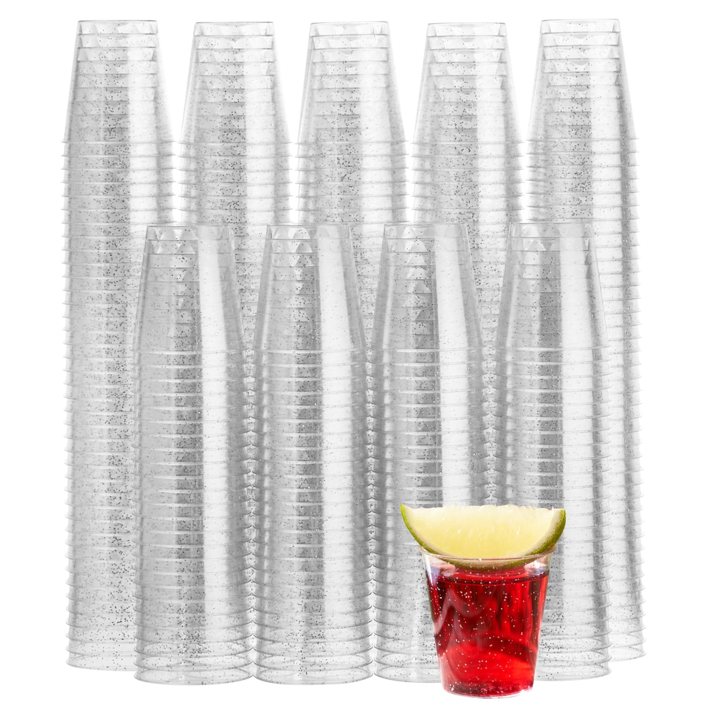 MATANA 300 Schnapsgläser aus Plastik mit Silberglitzer, 3cl - Pinnchen Kunststoff, Shotgläser, Shot Becher, Schnapsbecher, Plastikbecher - Party Zubehör - Stabil & Mehrweg