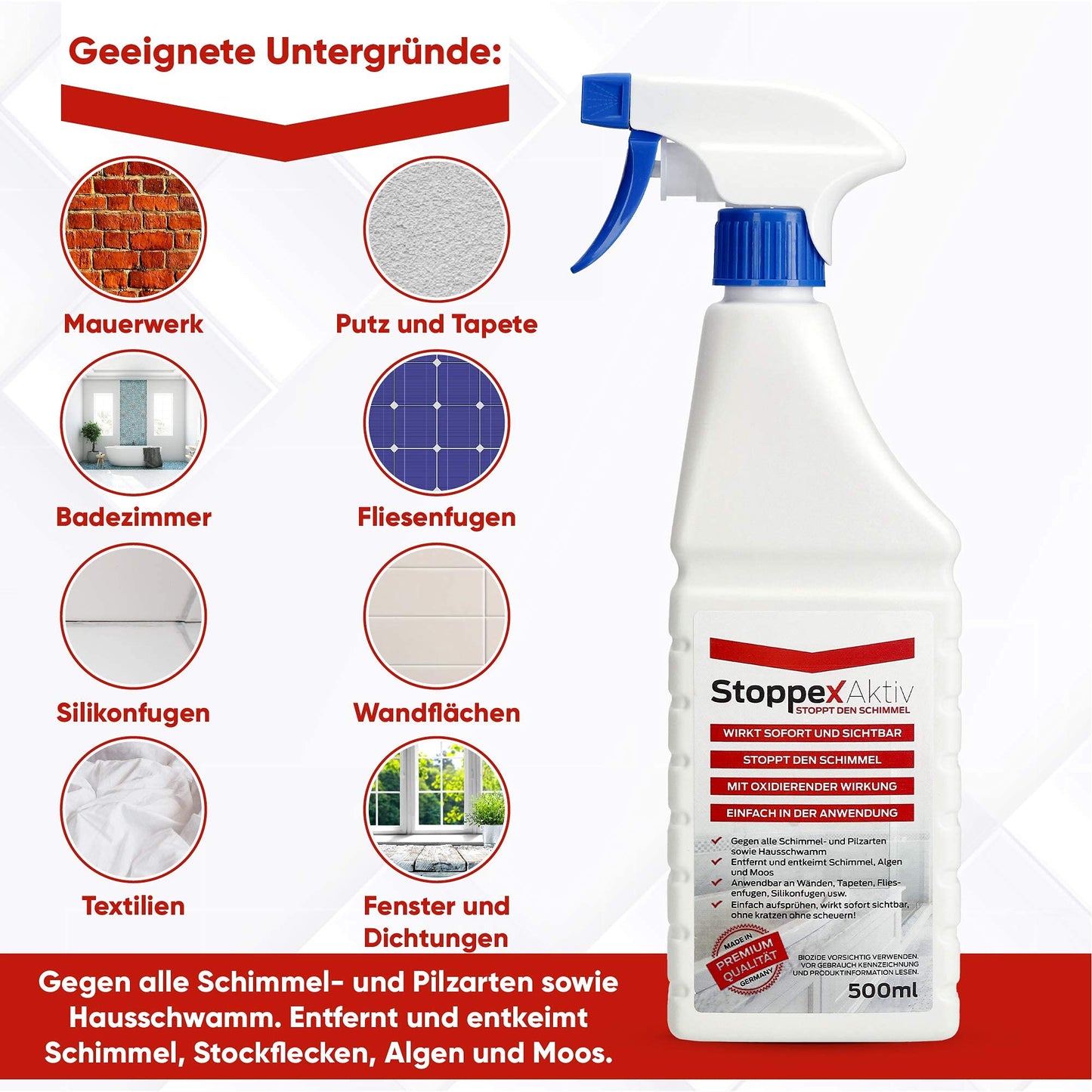 Stoppex® Aktiv-Profi Schimmelentferner gegen Schimmel für Wand, Bad und Silikonfugen I Extrastarker, chlorhaltiger Anti Schimmelspray gegen Stockflecken u. Schimmelpilz