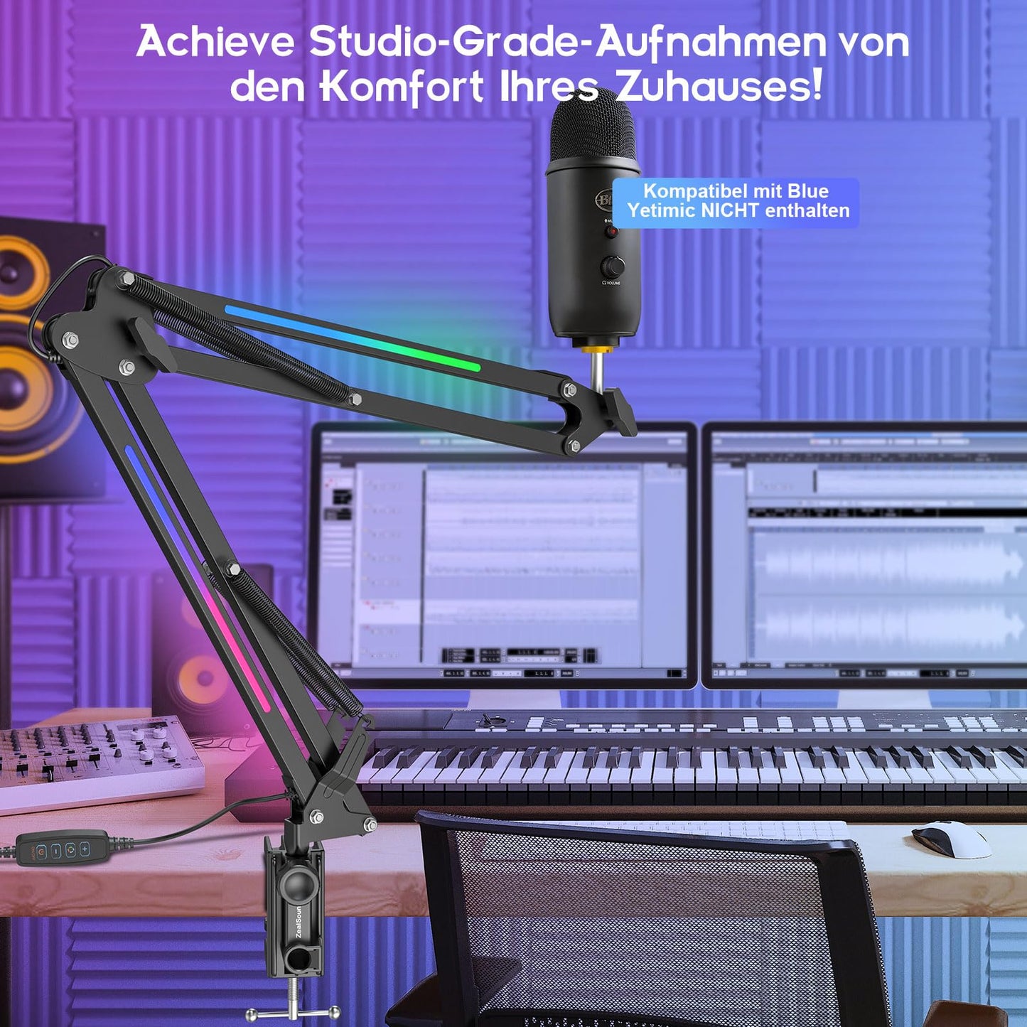 ZealSound Mikrofon Arm, HT35 Mikrofonarm Ständer mit einstellbar RGB-Lichteffekt, 5/8" Adapter, kompatibel mit HyperX QuadCast S/ProCast/Duocast, Blue Yeti/Snowball/Shure SM7B/Rode NT1/Elgato usw.