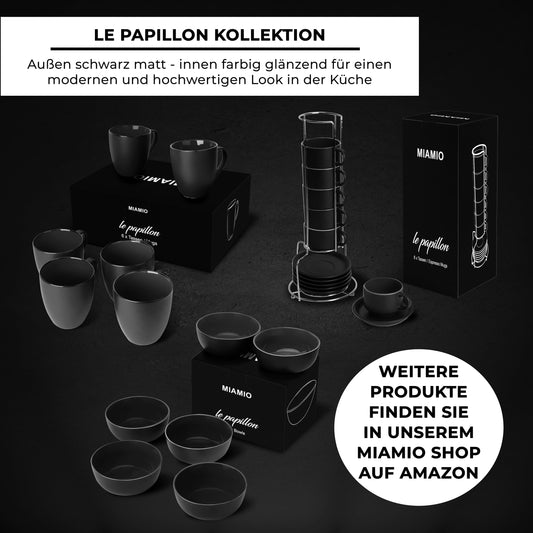 MIAMIO - 6 x 75 ml Espressotassen Set/Espresso Tassen Set mit Untertasse & Ständer - Kaffeetassen Set 6er Kaffeebecher Keramik - Le Papillon Kollektion (Schwarz)