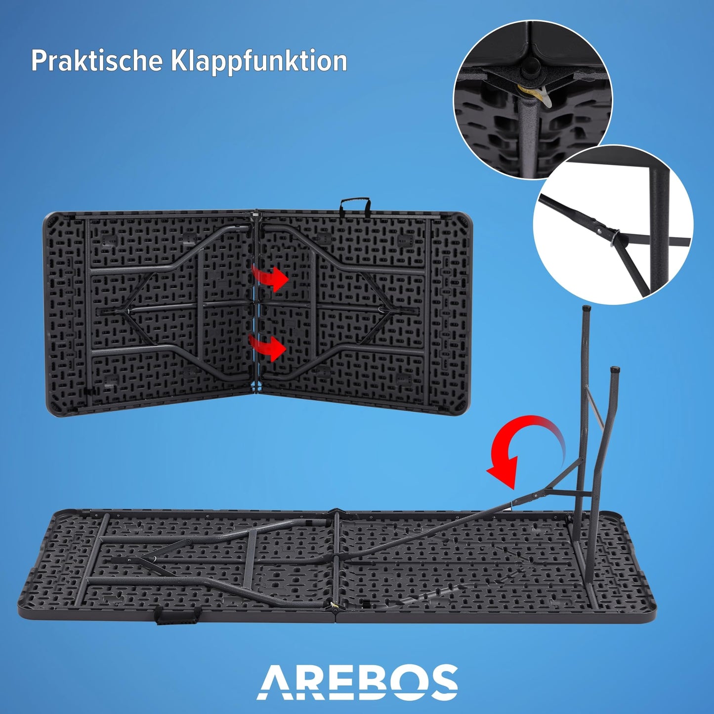 Arebos Buffettisch zusammenklappbar 182 x 74 x 74 cm Wetterfest Gartentisch Partytisch Klapptisch für Garten Terrasse und Balkon | 8 Personen | Campingtisch mit Tragegriff | Anthrazit