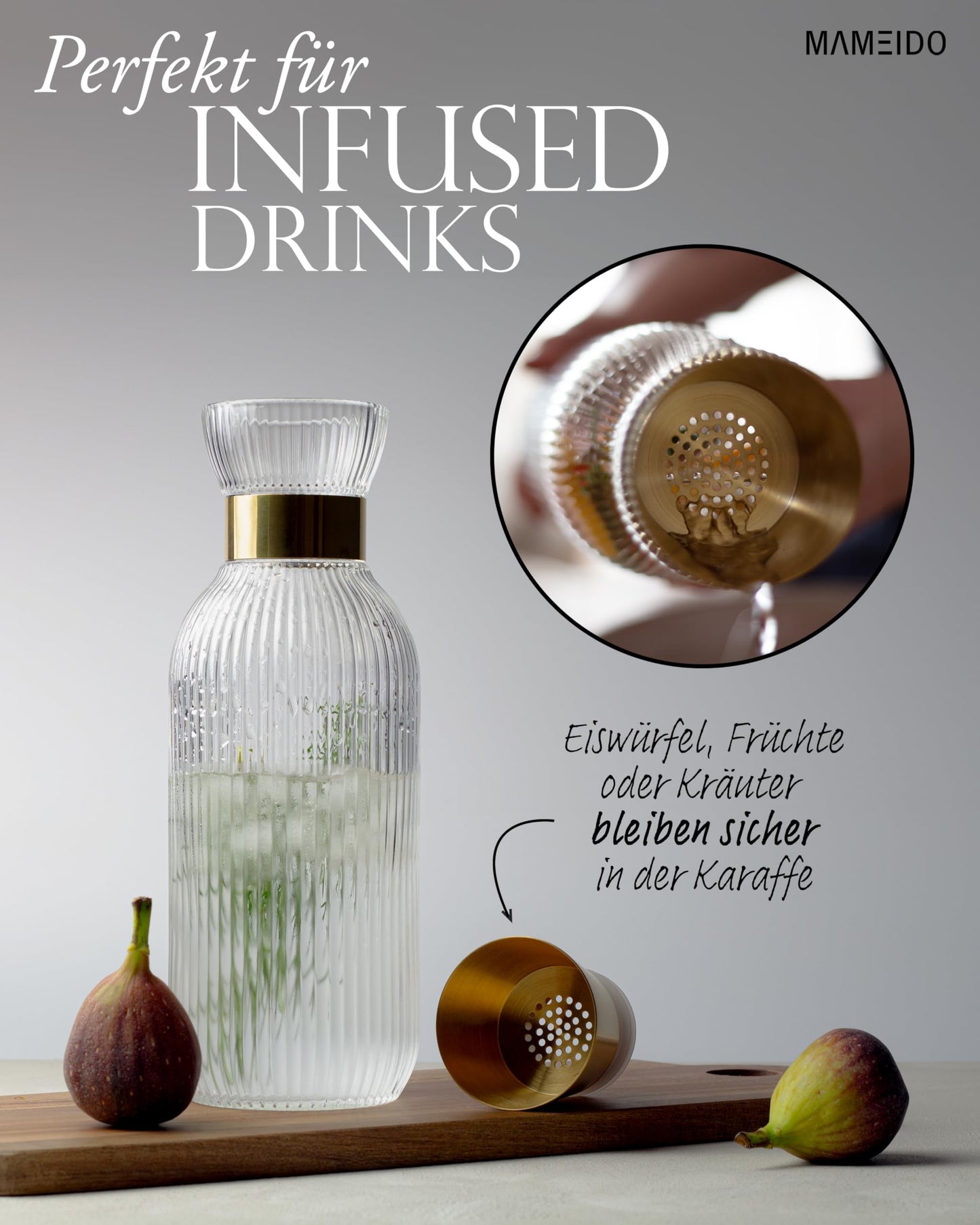 MAMEIDO Wasserkaraffe 1l & 1,5l - Glaskaraffe mit Deckel & Sieb, mundgeblasene Karaffe Glas, Wasserkrug mit edler Optik für besondere Anlässe, Karaffen zum Verschenken (Smoke Gold, 1000ml)